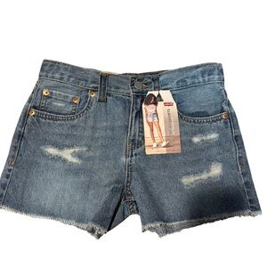 Levi's Girlfriend Shorts medium blue denim jean shorts raw hem distressed sz 12